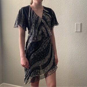 Anne Fontaine Black/White Striped Floral Asymmetrical Hem Vneck Dress